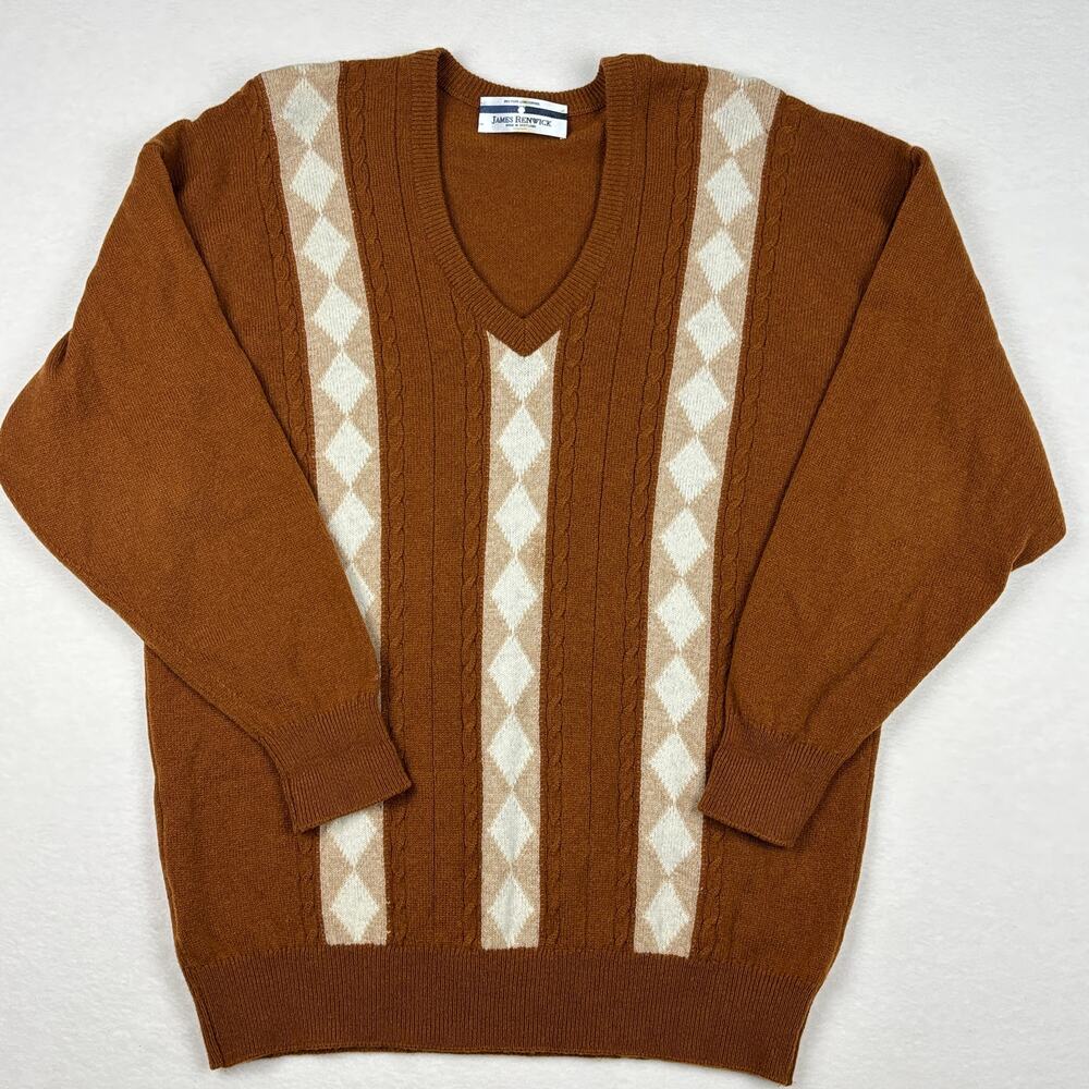 Vintage James Renwick Scotland 100% Lambswool Brown Argyle V-Neck Sweater sz 44